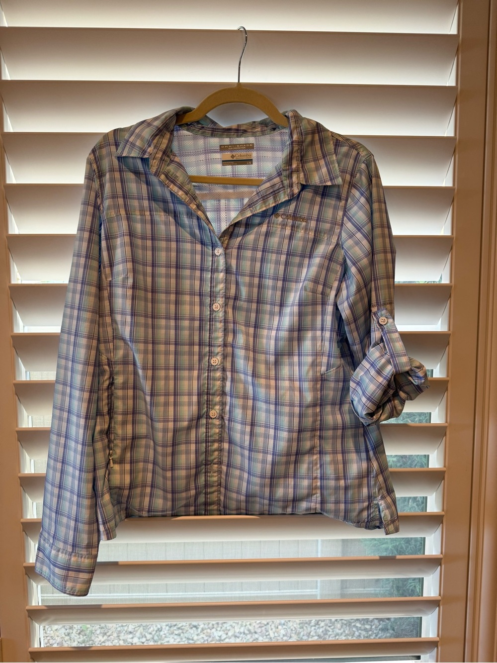 Columbia Women's Blue and Purple Plaid Button-Down Shirt